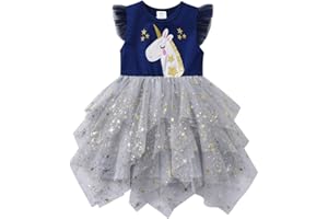 DXTON Vestito da Ragazza Vestito Casual Festa Maniche Lunghe Tulle Principessa Unicorno Ragazze 2-8 Anni