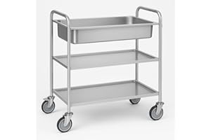 Arredo Chef – Chariot INOX 3 Niveaux avec Bac Collecteur – 84,5 x 52,5 x 94 cm – roulettes avec Freins – Cuisine Pro, Cantine, Restauration Collective