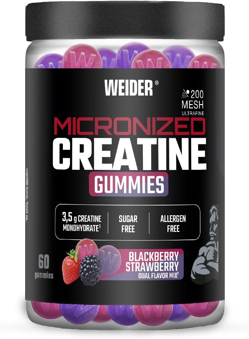 Weider Micronized Creatine Gummies (60 gominolas) Sabor DUO Fresa-Mora, con 3,5g creatina monohidrato 200 MESH/porción, Certificado por laboratorio Europeo, ayuda al rendimiento físico (20 porciones)