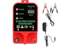 AUSTUFF Electric Fence Energiser, 2 Joules 6.2 Miles,Input 12V Output 8 KV or 12KV,Electric Fence Charger High Voltage Pulse Controller for Livestock,Large Animals,Horse (Red Without Alarm)