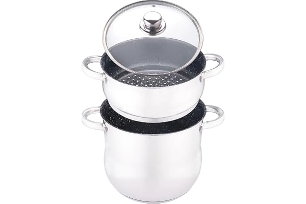 Royal Swiss® Couscoussier/Cuit Vapeur/Faitout(6L/Diamètre:22cm) 3 en 1 revétement façon Pierre pour 6 à 8 Personnes-Tous Feux Dont Induction - argent