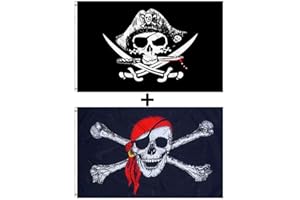 GAKA FAVOR Bandera Pirata, Bandera de Calavera 2 Piezas, Cruz Cuchillo de Jolly Roger,Cross Knife, para Fiesta Pirata, Regalo de Cumpleaños, Decoración de Halloween, 90 x 150 Cm