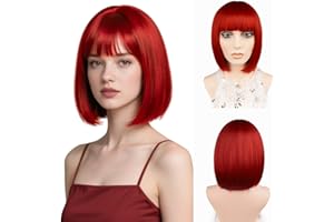 ‎JIAMEISI Rote Bob-Perücke mit Pony 30cm Kurze Bob-Perücke für Frauen und Mädchen Cosplay-Partys Hitzebeständige Synthetische Faser Glattes Farbenfrohes Haar Modisches Aussehen Weihnachten Halloween (Rot)