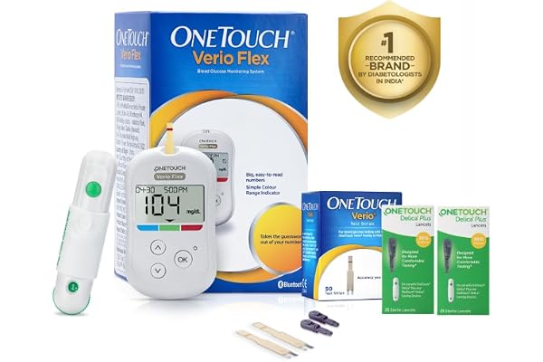 OneTouch Verio Flex glucometer with 50 Test Strips & 50 additional lancets (total 60 sterile lancets) | Sync your results wit