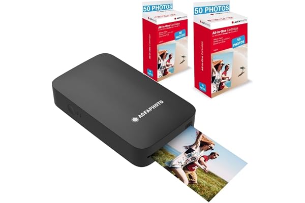 AgfaPhoto - Pack Imprimante Realipix Mini P + Cartouches et Papiers AMC pour 100 Photos - Imprimante Photo Format 5,3 x 8,6 cm Via Bluetooth - Sublimation Thermique 4Pass - Noir
