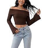 Women’s Off-Shoulder Rib Knit Crop Top – Basic Fitted Bell Sleeve Pullover Tee for Casual Outfits and Layered Fashion