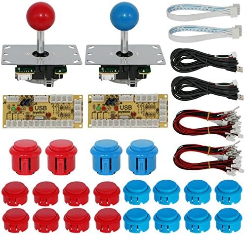 Gamtech 2-Player Arcade Buttons and Joystick Controller Kit for PC,Raspberry Pi Video Games with 2 x USB Encoder Board,2 x 5Pin Joystick,4 x 24mm Push Button and 16 x 30mm (Red and Blue)