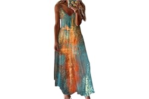 AZRUMA Damen Kleid Sommer Damen Drucken V-Ausschnitt Ärmelloses Swing Maxi Spaghettiträger Kelider A-Linie Sexy Lang Trägerkleid Boho Locker Maxikleid Strandkleid Freizeitkleid Sommerkleider