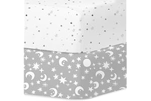 Bimocosy Lot de 2 draps pour Berceau, Lot de 2 draps pour Tout-Petit, Drap-Housse imprimé étoiles pour Berceau Standard et Matelas pour Tout-Petit, Taille 70 x 140 cm, étoile et Lune