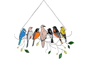Jetisva Stained Glass Window Hangings Double Sided 7 Multicolor Bird Ornaments Hanger on a Branch Gifts for Bird Lover Metal Suncatcher for Window Home Garden Outdoor Wall Fence Decorations