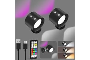 Hiyorsoa Rechargeable Wall Light, Wall Light with Remote Control, Wireless LED Wall Light with 6 Dimmable Brightness Levels 3 Colours Temperature 9 Colours RGB Modes 360° Rotatable Wall Lamp (2)