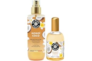 Les Petits Plaisirs - Lot Brume parfumée Monoï Coco pailletée + Eau de toilette Monoï Coco, Made in France, Brume 200ml, Eau de toilette 110ml