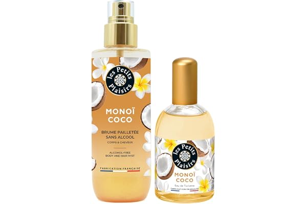 Les Petits Plaisirs - Lot Brume parfumée Monoï Coco pailletée + Eau de toilette Monoï Coco, Made in France, Brume 200ml, Eau de toilette 110ml