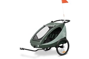 hauck Dryk Duo Plus, Dark Green - 2in1 Kids Bike Trailer & Pushchair with Suspension 2 Seats Folding Bicycle Trailer with XL 