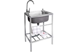 FTGENSM Spüle Edelstahl,Edelstahl Waschbecken für den Außenbereich,Outdoor Garage Garten Camping Keller Ausgussbecken mit Backsplash Abfluss Sieb,Spülbecken mit Warm Kaltwasserhahn (Size : 53 * 38cm)