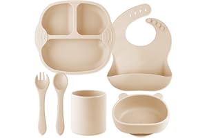 NOHLERLIFE Set di svezzamento per bambini – piatto di aspirazione e ciotola con cucchiaio forchetta, tazza per bambini, bavaglini regolabili in silicone per l'alimentazione automatica del bambino (Natural)