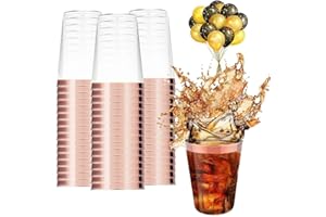 Pecewlos 50 Vasos De Plástico Con Borde De Oro Rosa, 300 ml, Vasos De Plástico Reutilizables, Copas de cóctel transparentes Ideal para Fiestas, Cumpleaños, Picnic, Champán, Cerveza, Cócteles, Martini