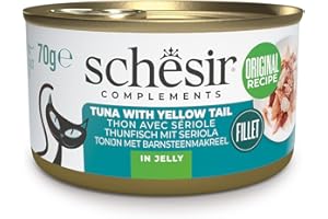 Schesir, Filetes de Atún con Salmonete en Gelatina, Comida Húmeda Complementaria para Gatos, en Latas, Receta Original, 100% Natural, 12 x 70g