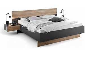 ‎STELLA TRADING Stella Trading ASKA Stilvolle Doppelbett Bettanlage mit Nachtkommoden 180 x 200 cm - Schlafzimmer Komplett-Set in Graphit, Mauvella Eiche Optik - 285 x 95 x 205 cm (B/H/T)