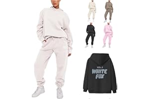 GENERIC Women's Two Piece Letter Graphic Print Hoodies Tracksuit, White Fox Hoodie Tracksuit Womens Leisure Suits Ladies Warm Outfit Full Set Long Sleeve Pullover Loose Activewear Gym Wear Jogger Track Suits