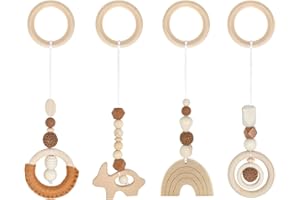 heavenlife 4 Stück Spielbogen Baby Spielzeug ab 0 Monate, Gym Spielbogen Baby Holz Anhänger, Spielebogen Babies Toys für Babyschale Kinderwagen Autositz Spielzeug (Braun)