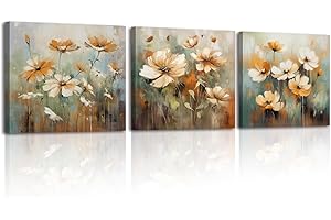 Piy Painting 3 Pcs Abstract Floral Canvas Wall Art Wildflowers Plants Pictures For Living Room Colorful Artwork Decorative Canvas Paintings Bathroom Bedroom Framed Ready To Hang,12×12 inch