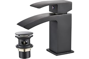 Luckyhome Basin Taps with Waste Mono Bathroom Waterfall Basin Taps Mixer Faucet（Black）