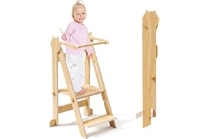 HOYIYOBI Torre didattica pieghevole, torre Montessori aggiornata con 3 altezze regolabili, sgabello da cucina in legno naturale per bambini di età compresa tra 1 e 5 anni (capacità 50 kg)