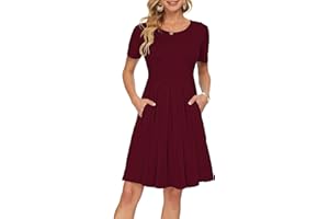 AUSELILY Damen Kurzarm Plissee Loose Swing Freizeitkleid mit knielangen Taschen