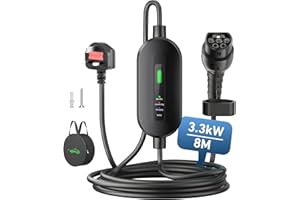 ENERHUB 8M EV Charger Cable Type 2 to 3 Pin Plug 13A, Max.3.3kW Electric Car Charger with LED Indicators, IP67 Waterproof Type 2 Charging Cable, with Bag for IEC 62196 EVs and PHEVs