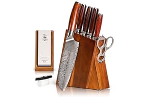 YARENH Juego de Cuchillos de Cocina de Acero Damasco, Bloque de Cuchillos, 8 Piezas, Cuchillo de Cocina de Acero con Alto Contenido de Carbono, con Mango de Sándalo, Profesional Set Cuchillos Chef