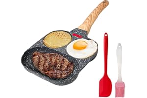 DASIAUTOEM Poêle à œufs frits 21 cm avec poignée en bois 3 trous, poêle à steak, poêle à œuf, revêtement anti-adhésif, pour petit-déjeuner, œufs au plat, crêpes, pour induction, gaz, vitrocéramique
