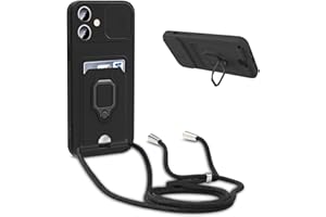 YFSYLL Handykette Schutzhülle kompatibel mit iPhone 12/iPhone 12 Pro Handyhülle mit Band,Silikon Handyhülle Case mit Schiebe Kameraschutz,360 Grad Ringhalter Stand,Kartenfach,Schwarz