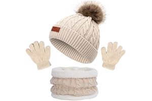 NLAND 3 in 1 Set de Bufanda Gorro Guantes Niña Niño Conjunto de Cálido Gorro de Punto Invierno con Pompon, Braga Cuello con Forro Polar y Guantes Termicos para Niña Niño 2-6 Años