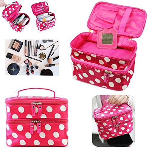 JJOnlineStore - Cute Double Layer Zips Polka Dots Pattern Makeup Cosmetic Storage Portable Bag with Zippers Travel Toiletries Multi Functional Organiser Bag (Pink + White Dots)