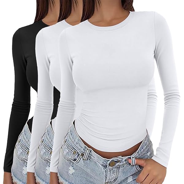 Basic shirt, lange mouwen voor dames, T-shirts met lange mouwen, crop tops, damesshirt met lange mouwen