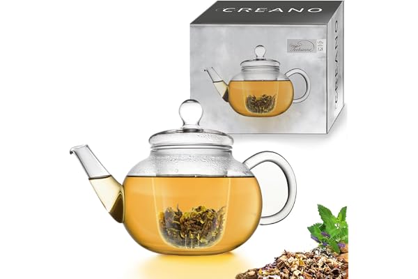 Creano Tekanna i glas 1,2 L – tekanna i glas med infusion och lock – perfekt för att förbereda lösa te – droppfri