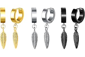 Yumilok Boucles d'oreilles en Acier Inoxydable pour Homme: Hip Hop Bagues d'oreilles avec Pendentif de Plume - Créatif Femme Créole Tendance - Bijoux Fantaisie Adolescent Décoration