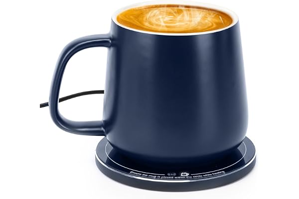 APEKX Tasse à Café Auto-Chauffante avec Socle – Température Stable à 55°C (131°F), Recharge Sans Fil 15W, Capacité 380ml (12.8 oz) – Marche/Arrêt Automatique, Port USB-C (Bleu)