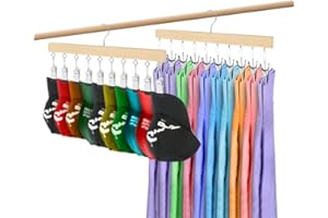 LMSAWK 2 Pièces Organisateur de Chapeaux, Organiseur de Leggings pour Placard, 20 Pinces, Cintre en Bois à Rotation 360° pour Chaussettes, Masques Faciaux, Serviettes, Gants (Nature)
