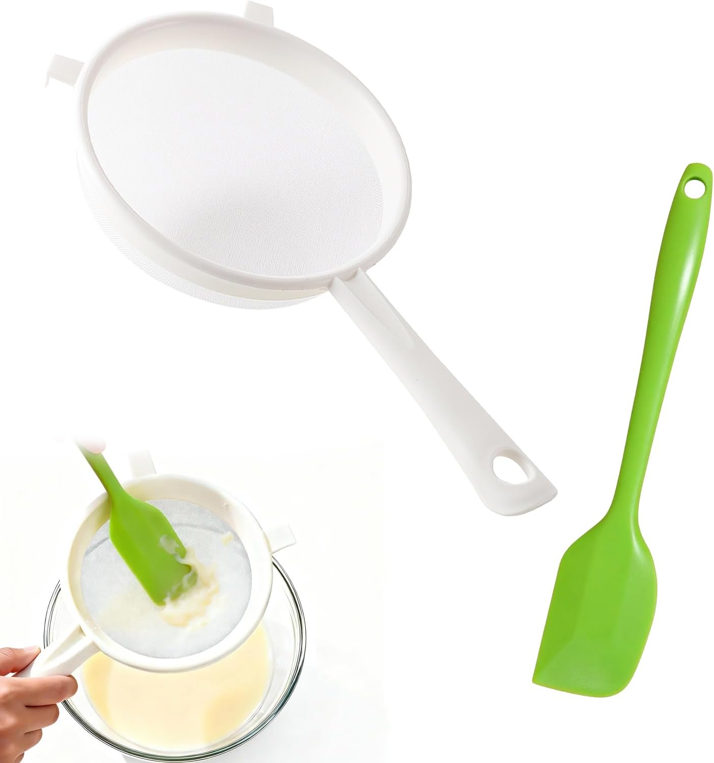Sekfpnk Colador de plástico blanco con raspador de silicona verde, 14 cm de diámetro, apto para filtrar yogur, fruta, leche de soja y verduras