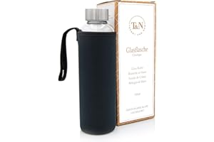 T&N bouteille verre 1L / 750ml / 500ml – gourde réutilisable avec housse néoprène – étanche & sans BPA – borosilicate épais – pour eau, thé, boissons gazeuses