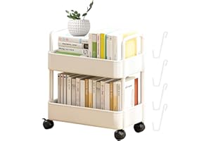 POVANJER 2 Tier Storage Trolley, Storage Rack on Wheels, Slide Out Rolling Utility Cart, Multi-Functional Mobile Book Cart Organizer, Kitchen Storage Utility Cart, Rolling Storage Rack for Bedroom, Bathroom, O