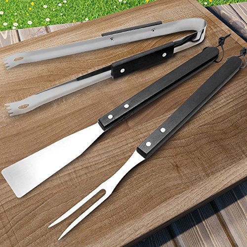 3 teiliges Grillbesteck aus Edelstahl mit schwarzen Holzgriffen