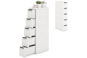 KOMFOTTEU Meuble de Rangement étroite avec Tiroirs, Colonne de Salle de Bain avec 4 Roulettes, Commode de Stockage Gain de Place, Plastique (5 Tiroirs, lot de 1, 42 x 19 x 91 cm)
