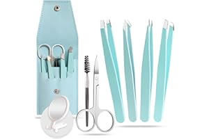 KS LUX Set de Pinzas de Cejas Profesionales Con Espejo de Aumento x10 - 4 Tipos de Pinzas, Cepillo y Tijeras - Regalo Para Parejas