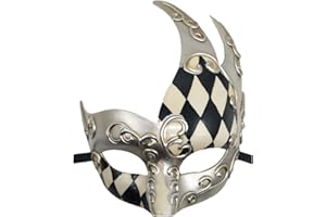 Coolwife Men's Masquerade Mask Vintage Venetian Checkered Musical Party Mardi Gras Mask (White/Black/Silver)