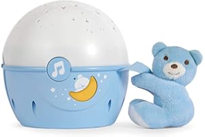 Chicco Next2Stars Luce Notturna per Bambini con Pupazzo - Proiettore Stelle Soffitto per Culla e Lettino Neonati, con Sensore Sonoro, 3 Effetti Luminosi e Musica - 0+ Mesi, Blu