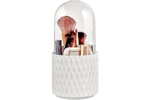 Terafeels Make Up Brush Holder with Lid Rotating Organiser Storage - 360 Rotating Makeup Organizer with Dustproof Spinning Cosmetic Storage Box for Lipstick Lip Gloss Eyeliner Bathroom White 1003