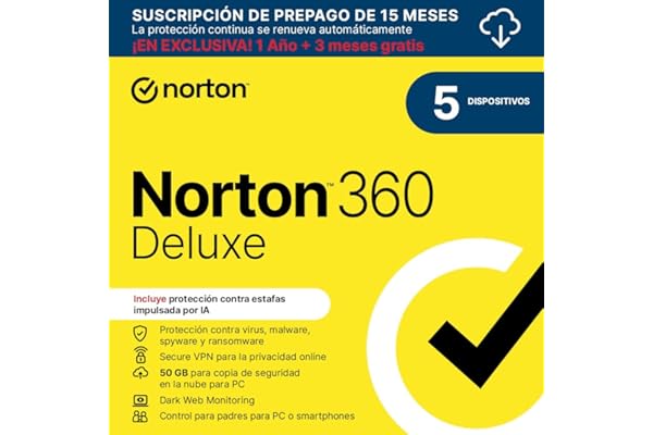 Norton 360 Deluxe 2025 |Antivirus 5 Dispositivos|15 meses con renovación automática| Descarga digital